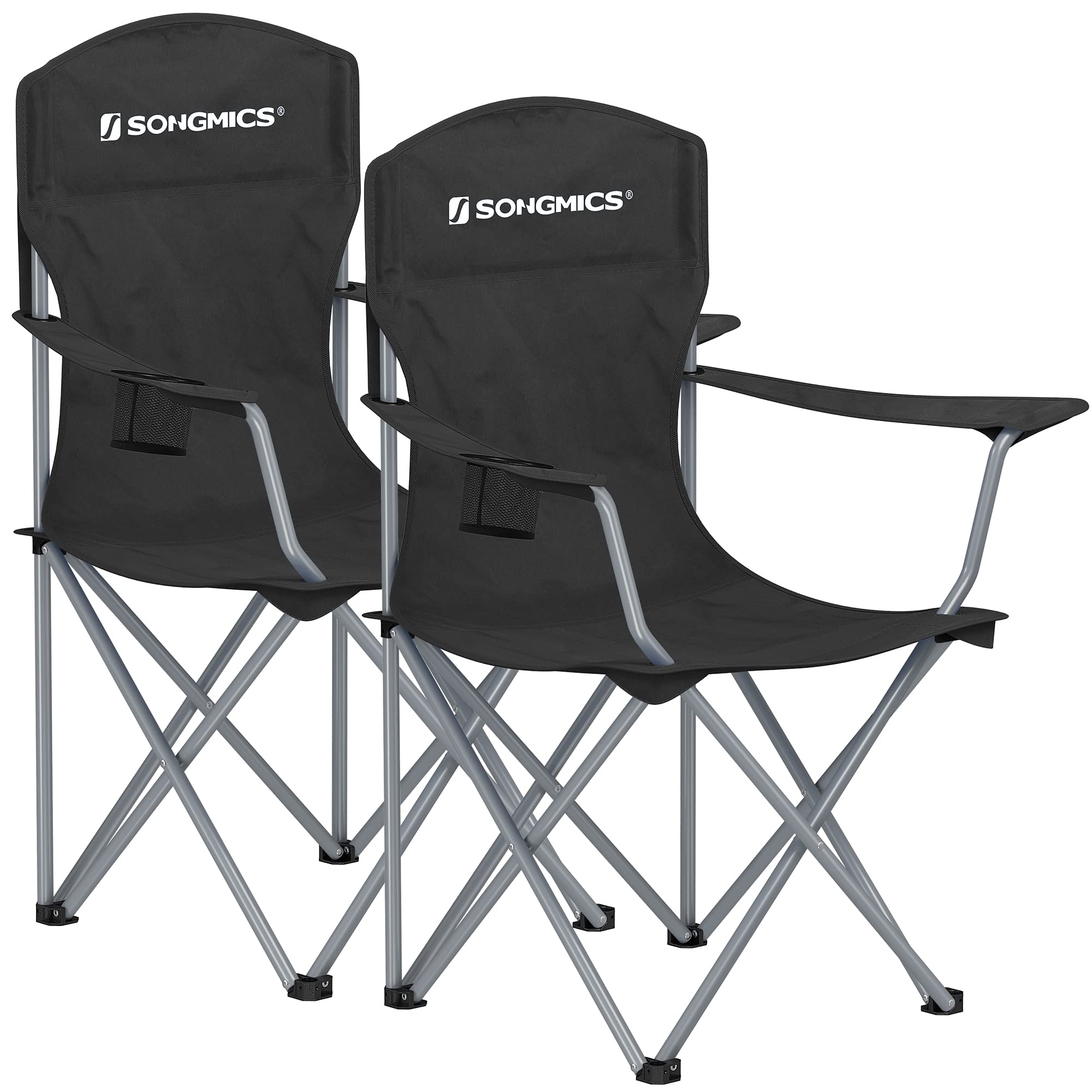 SONGMICS Set of 2 Folding Camping Chairs, Comfortable, Heavy Duty Structure, Max. Load Capacity 330 lb, Outdoor Chair with Cup Holder, for Camping, Garden, Fishing, Terrace, Black UGCB08BK Image