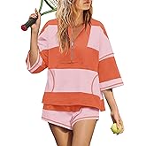 Yanekop Womens 2 Piece Outfits Summer Striped Lounge Set Two Piece Matching Workout Sets Oversized Short Sets Tracksuits