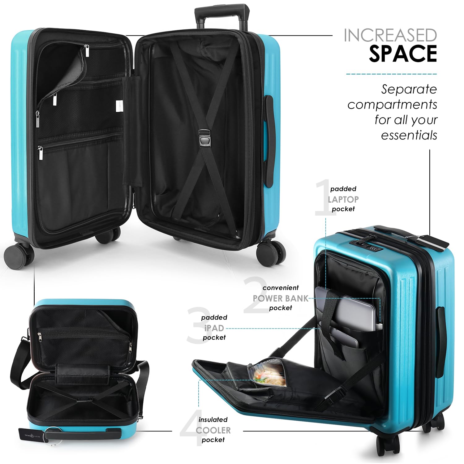 TRAVELARIM Hard Shell Luggage Sets with Spinner Wheels 4 Piece, Expandable Large Suitcases with TSA Lock, Travel Large Suitcase Set, Teal Luggage Set