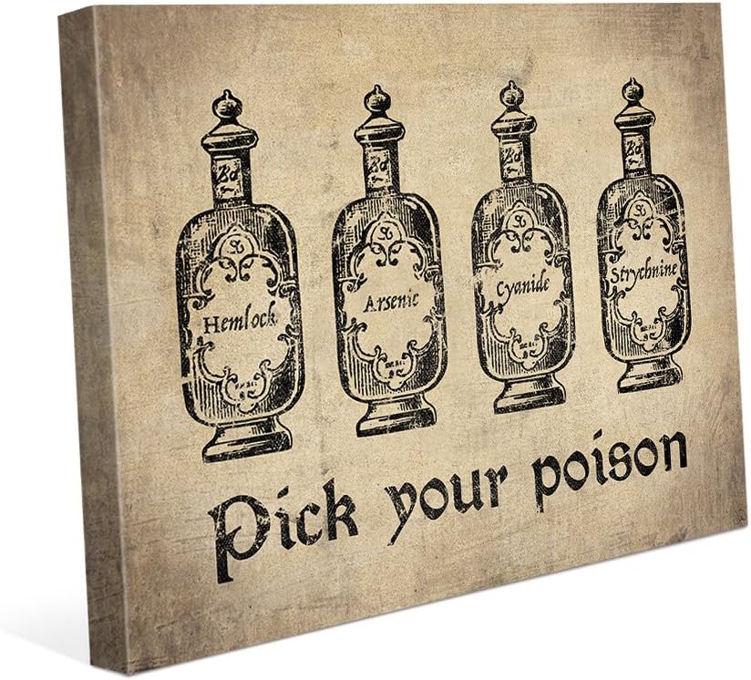 Pick Your Poison - Brown - Distressed Macabre Vintage Victorian Line Drawing Etching of 4 Bottles Hemlock Arsenic Cyanide Strychnine for Halloween on Canvas