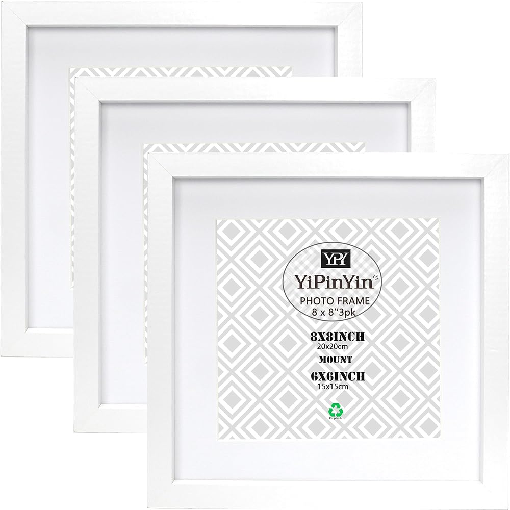 YiPinYin 3x 8x8 Inch White Photo Frames Set with Mount 6x6 or 8x8 Display