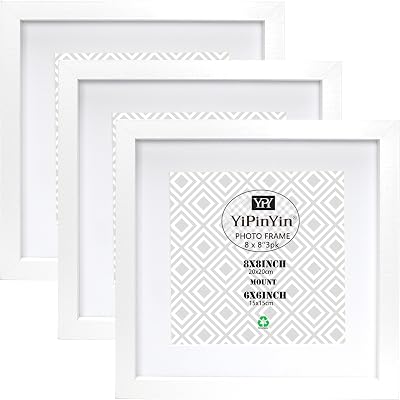 YiPinYin 3x 8x8 Inch White Photo Frames Set with Mount 6x6 or 8x8 Display