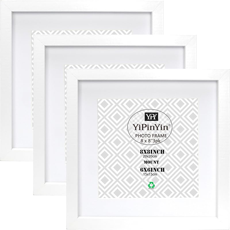 YiPinYin 3x 8x8 Inch White Photo Frames Set with Mount 6x6 or 8x8 Display