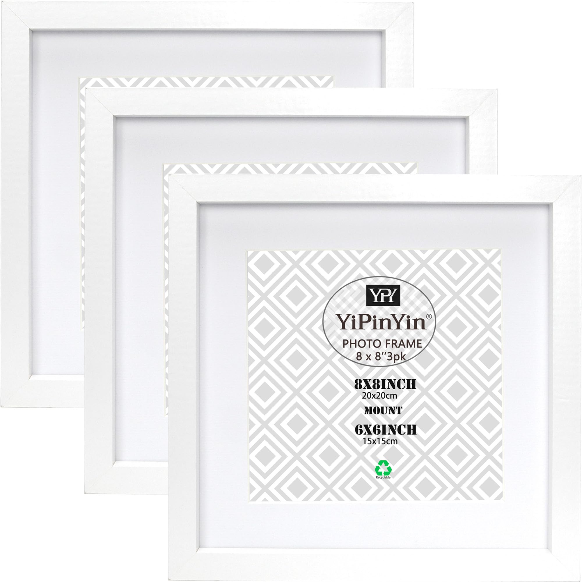 8 X 8 ''(20 x 20cm) Square White Photo Frames Set Of 3 with mount for 6×6" Garllery 6 x 6'' Picture Frames 3 Pack, 20x20cm photo frame With Perspex Window For Wallmounted & DeskTop