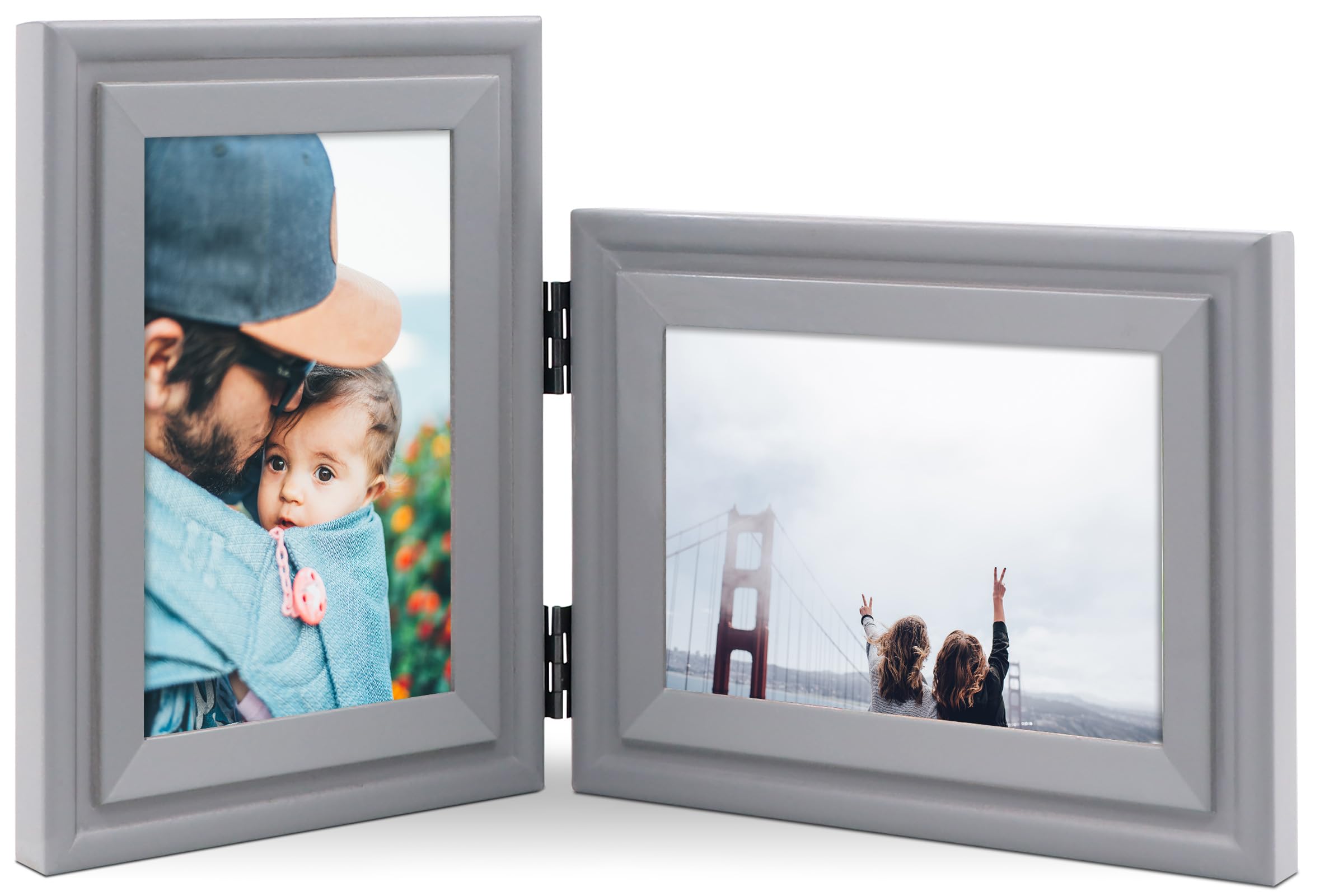 JD Concept Vertical Horizontal Combo, Double 6x4 (10 x 15 cm) Grey Wood Hinged Photo Picture Frame, Desktop or Wall Mounted, Portrait and Landscape View