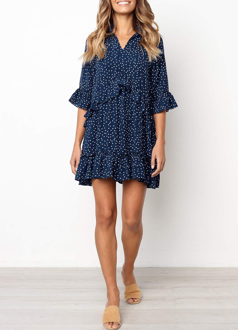 MITILLY Women's V Neck Ruffle Polka Dot Pocket Loose Swing Casual Short