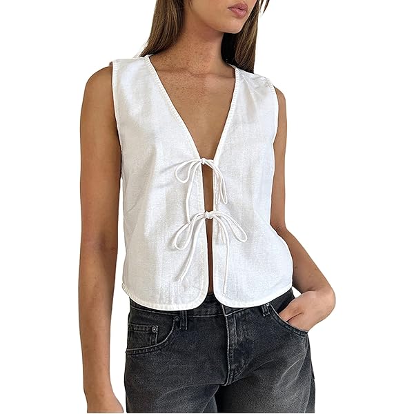 Amazon.com: Yiqpiy ​Women Tie Front Vest Sleeveless V Neck Smock