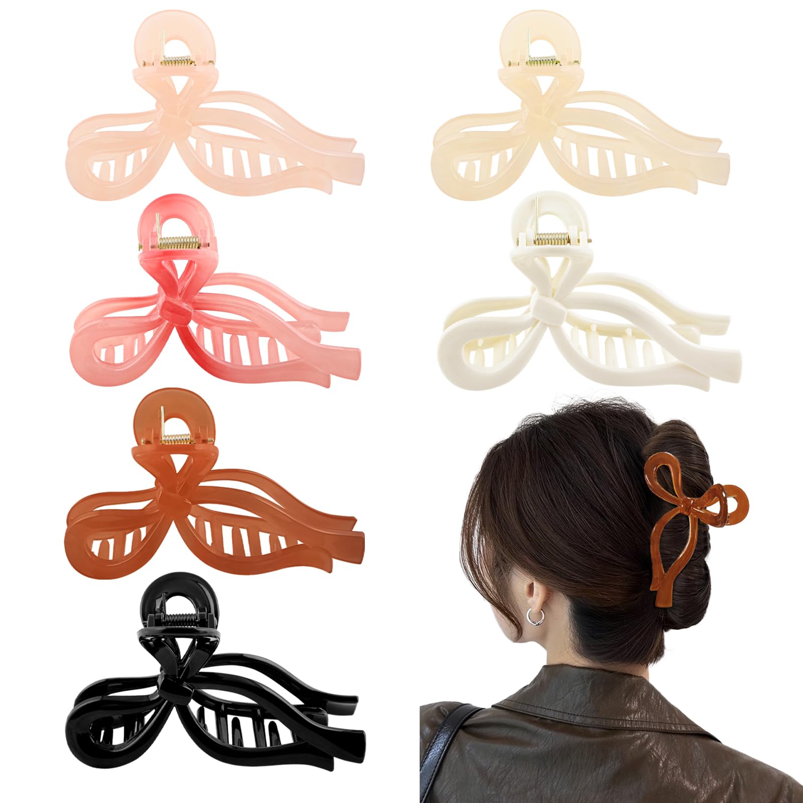 Hair Claw Clips for Thick Thin Hair, 6Pcs Large Strong Hold Hair Claw Elegant Bow Hair Clips for Women and Girls Use Nonslip Hair Clamps Jaw Clips