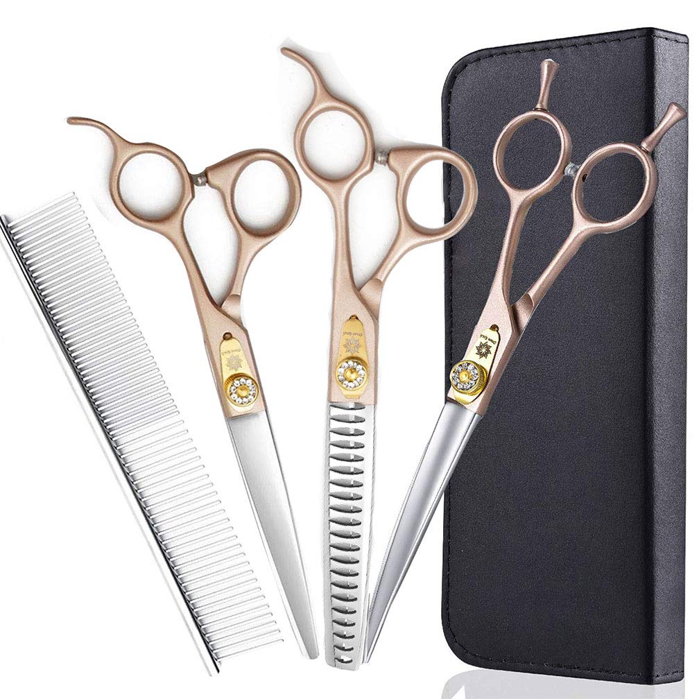 Dream Reach 7'' Professional Pet Grooming Scissors Set, 440C Japanese Steel Straight & Curved & Thinning Shears Pet Hair Trimming Scissors 3pcs Set for Dog Cat and More Pets