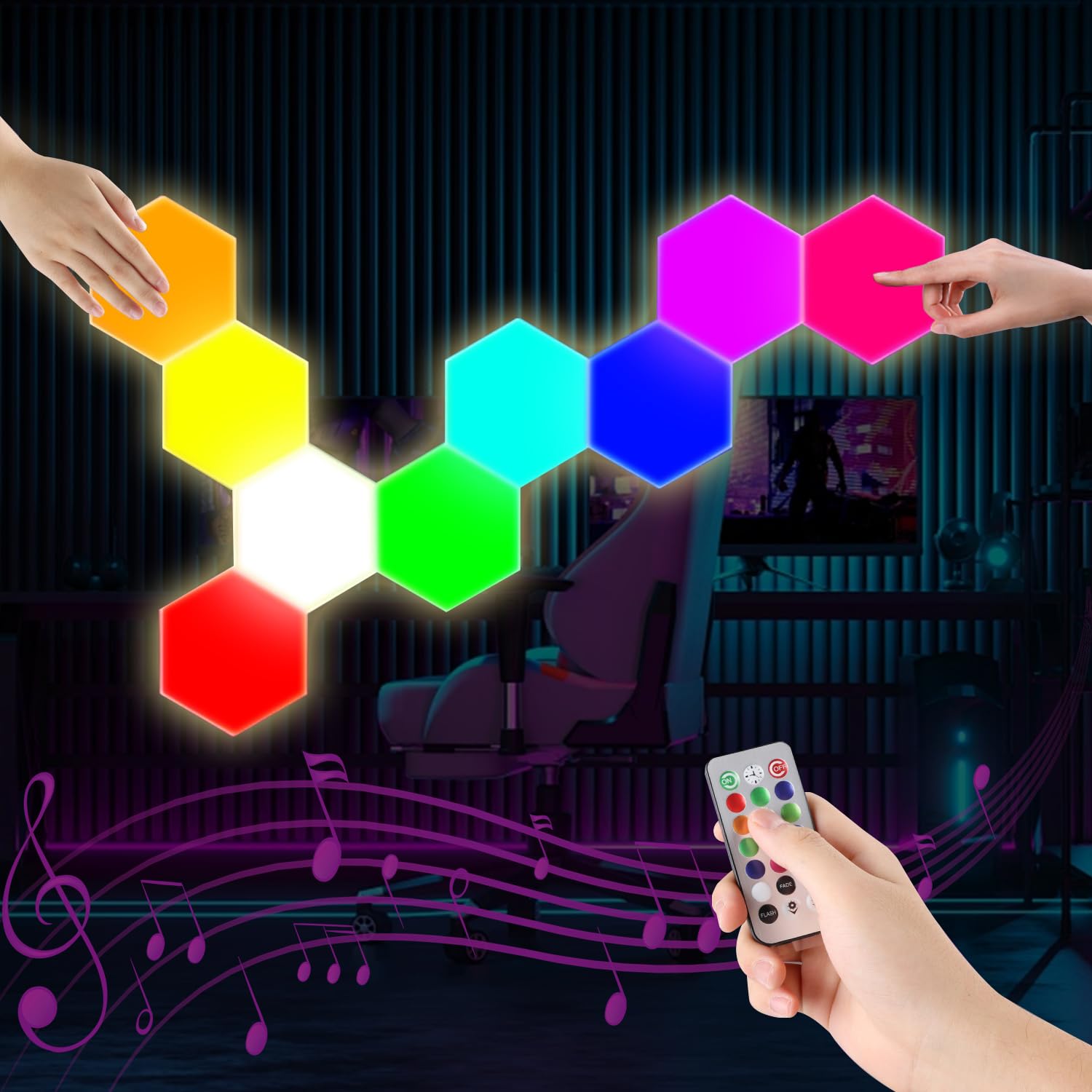 Photo 1 of ***Missing power chord and remote*** 6 Pack Hexagon Light Panels - Smart RGB Hexagon LED Lights Wall Lights Remote Control Lights for Lving Room, Bedrooms, DIY Lovers, Gifts, Gaming Room, Kids