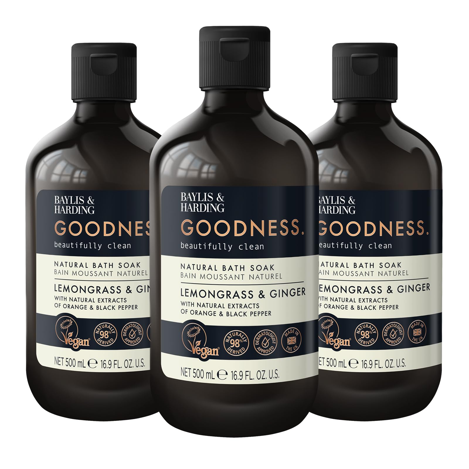 Baylis & Harding Goodness Lemongrass & Ginger Bath Soak, 500 ml (Pack of 3) - Vegan Friendly