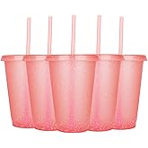 Suertestarry Tumbler with Straw and Lid,Water Bottle Iced Coffee Travel Mug Cup,Reusable Plastic Cups,Perfect for Parties,Birthdays,16oz-5 Pack (Pink)