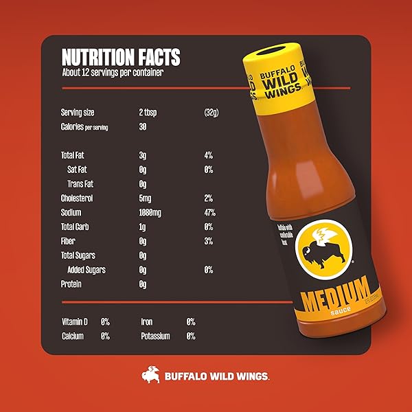 BUFFALO WILD WINGS MEDIUM BUFFALO SAUCE, 12 FL. OZ., PERFECT DIPPING SAUCE, CHICKEN MARINADE, WING SEASONING AND BURGER TOPPING, ENJOY A MEDIUM, COMFORTABLE HEAT