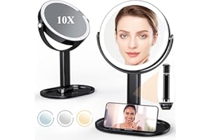 VIOAFLXI 8" Lighted Makeup Mirror with Magnification, 1X/10X Magnifying Mirror with Light, Rechargeable Double Sided LED Vanity Mirror, 360° Rotation Light up Mirror 3 Colors Brightness Adjustable, Black