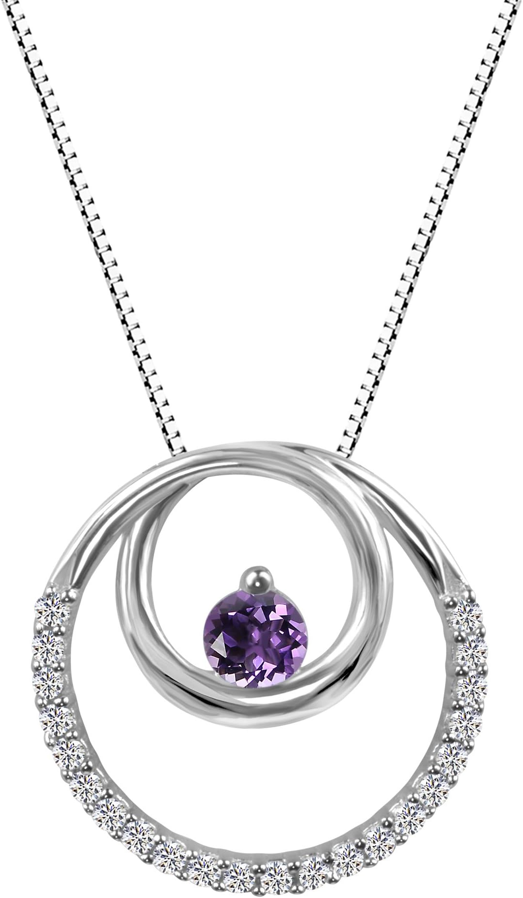 Sterling Silver 925 Gemstone and Lab-Created White Sapphire Circle Pendant Necklace, 18"