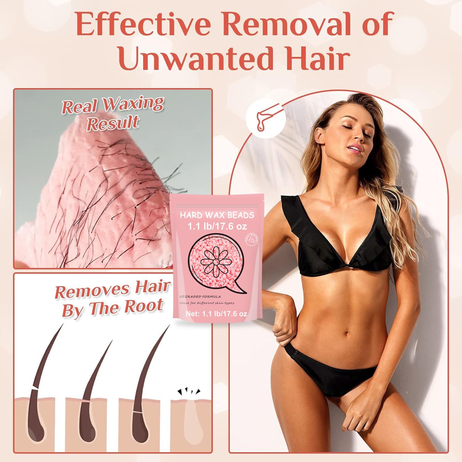 Hard Wax for Hair Removal, 1.1lb/17.6oz, Sensitive Skin wax Beads for Face, Legs, Armpit, Brazilian, Bikini and Full Body at Home, Natural and Gentle Waxing Beads (Rose)