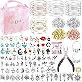 Thrilez 300Pcs Charm Bangle Bracelets Making Kit with Expandable Bangles, Charms, Jump Rings and Pliers for Jewelry Making Bangle Bracelets (with Gift Box and Tools)