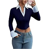 SOLY HUX Women's Long Sleeve V Neck T Shirt Striped Collared Tee Slim Fitted Crop Going Out Tops Fall Clothes