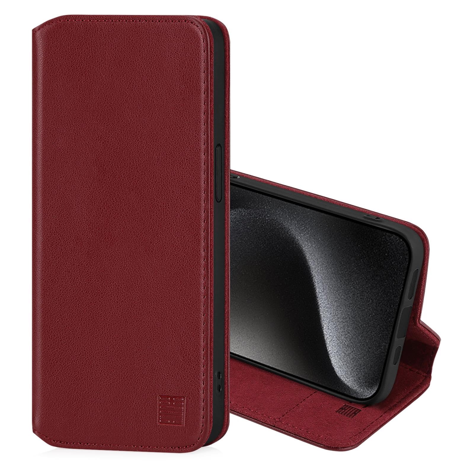 32nd Classic Series 2.0 - Real Leather Book Wallet Flip Case Cover For Apple iPhone 15 Pro (6.1"), With RFID Blocking Card Slot, Magnetic Closure and Built In Stand - Burgundy