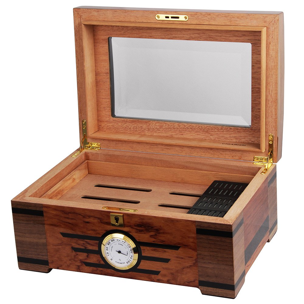 CIGARISM Highend Cedar Wood Glass Cigar Humidor with Lock Hygrometer
