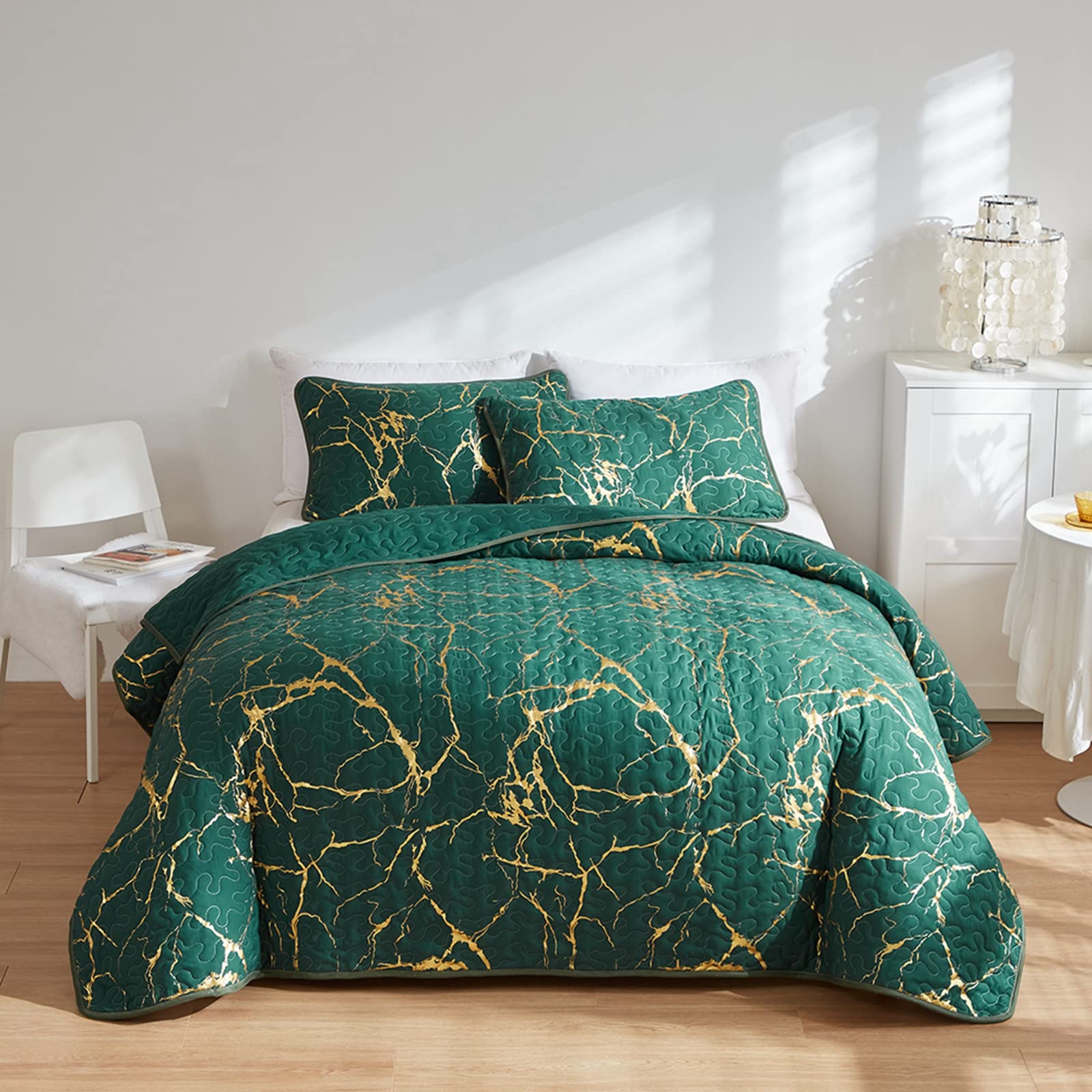 HAVOP Bedspread Double Size Green Quilted Bedspread Gold Marble Printed Luxury Soft Microfiber Bedspreads Coverlet All Season Bedding Set — image 1