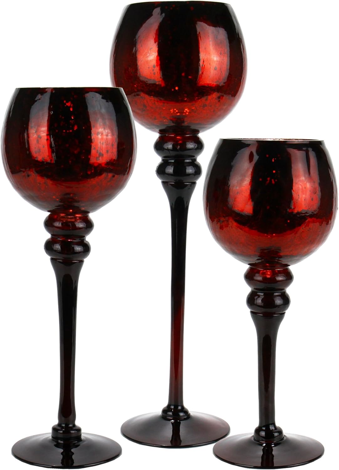 CYS EXCEL Mercury Red Crackle Glass, Long Stem Candle Holder, Set of 3 (Height 12", 14", 16")
