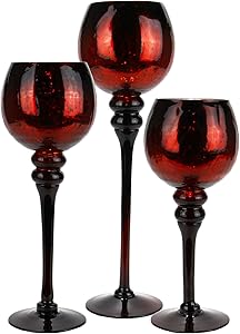 CYS EXCEL Mercury Red Crackle Glass, Long Stem Candle Holder, Set of 3 (Height 12", 14", 16")