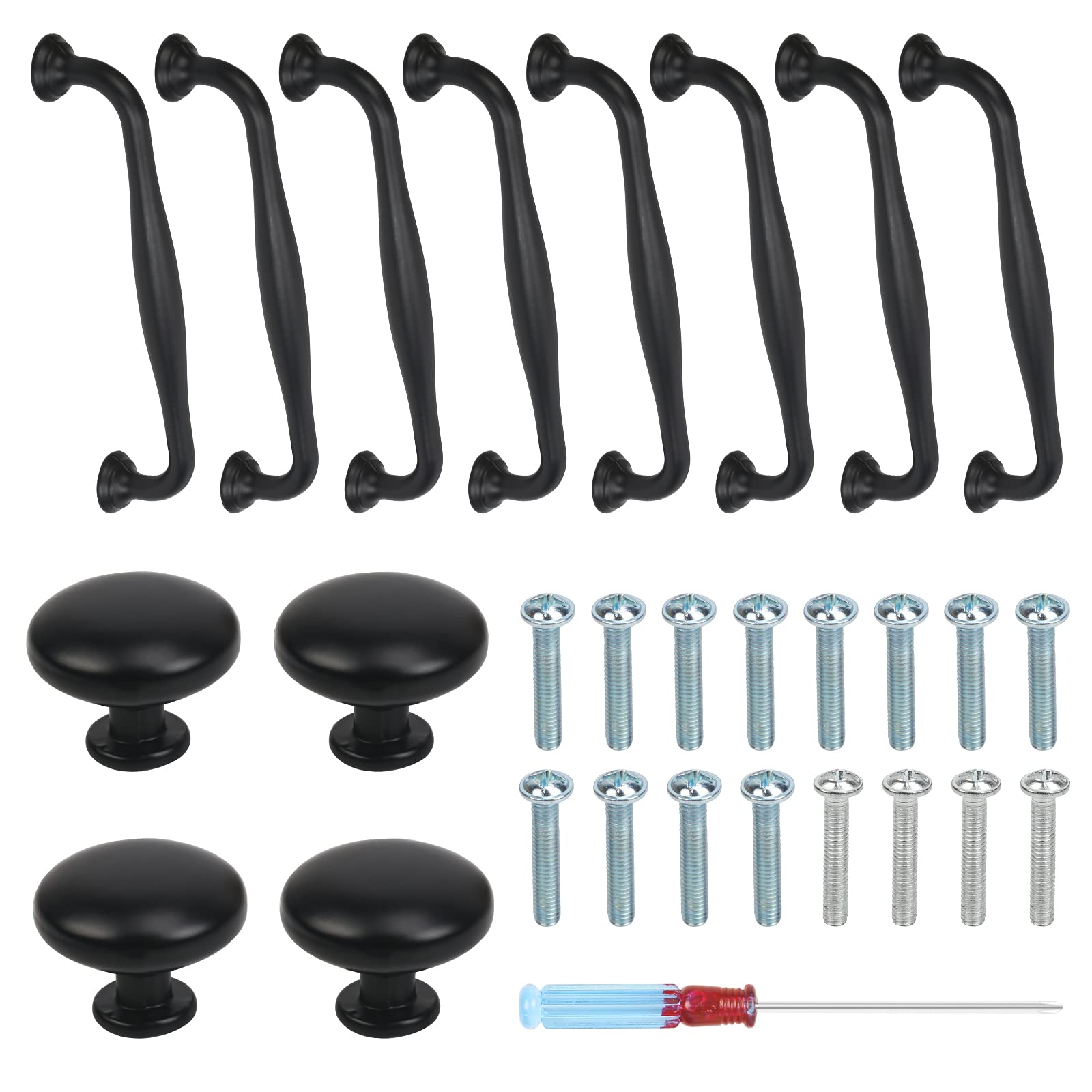 HONMOK Black Cupboard Handles Set 8 Pcs 128mm Bow Cabinet Pull Handles & 4 Pcs 29mm Round Drawer Chest Knobs Furniture Handles with 16 Screws & Screwdriver for Kitchen Bedroom Bathroom