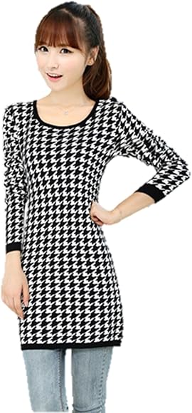 Amazon ニットワンピース 格子柄 千鳥格子 パッケージヒップドレス ロングニットセーター ラウンドネック 長袖 エレガント 秋冬コーデ クマのぬいぐるみ付き K 1141 ホワイト ワンピース チュニック 通販