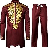 ZEROYAA Men's Africa Suit Long Sleeve Print Dashiki and Pants Outfit Traditional 2 Piece Set