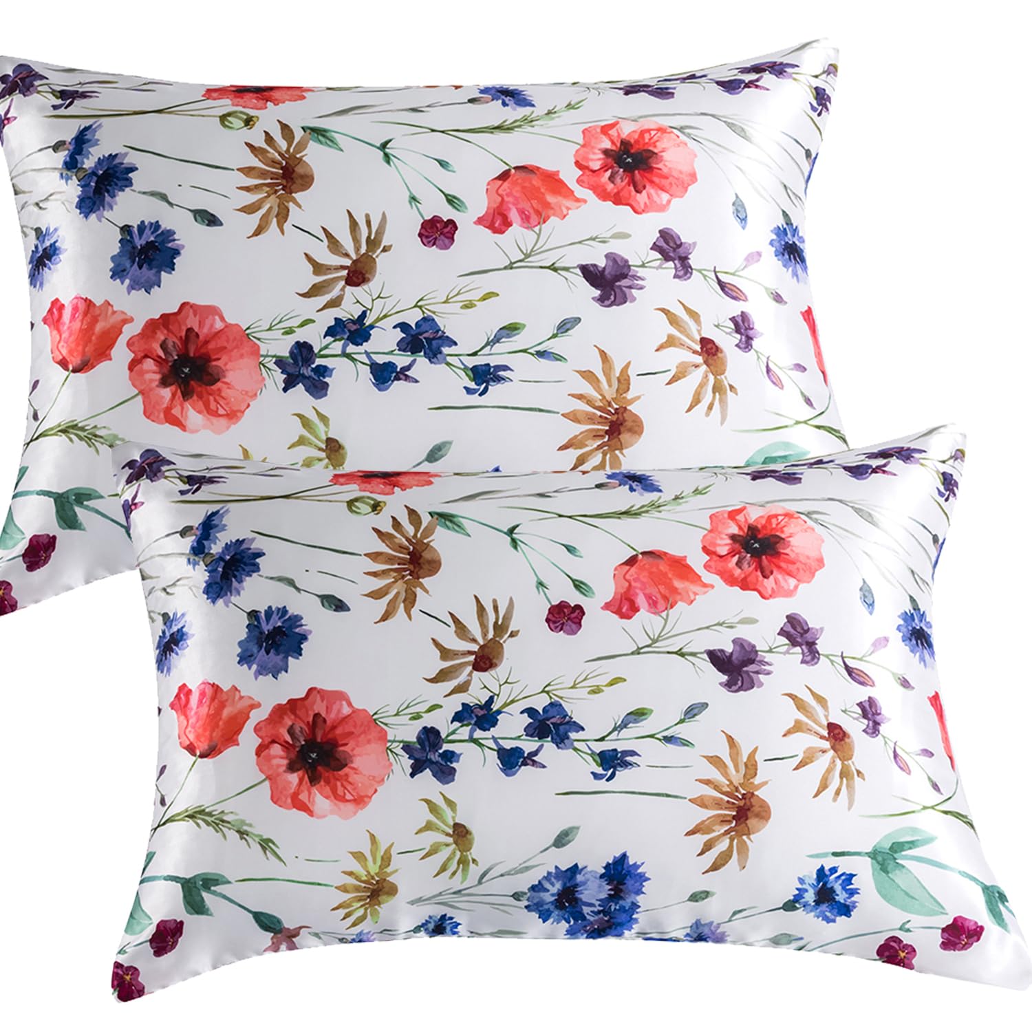 DuShow Satin Pillow Cases 2 Pack - Floral Silky Pillowcase for Hair and Skin Standard Size with Zipper Closure,White,50x75 cm