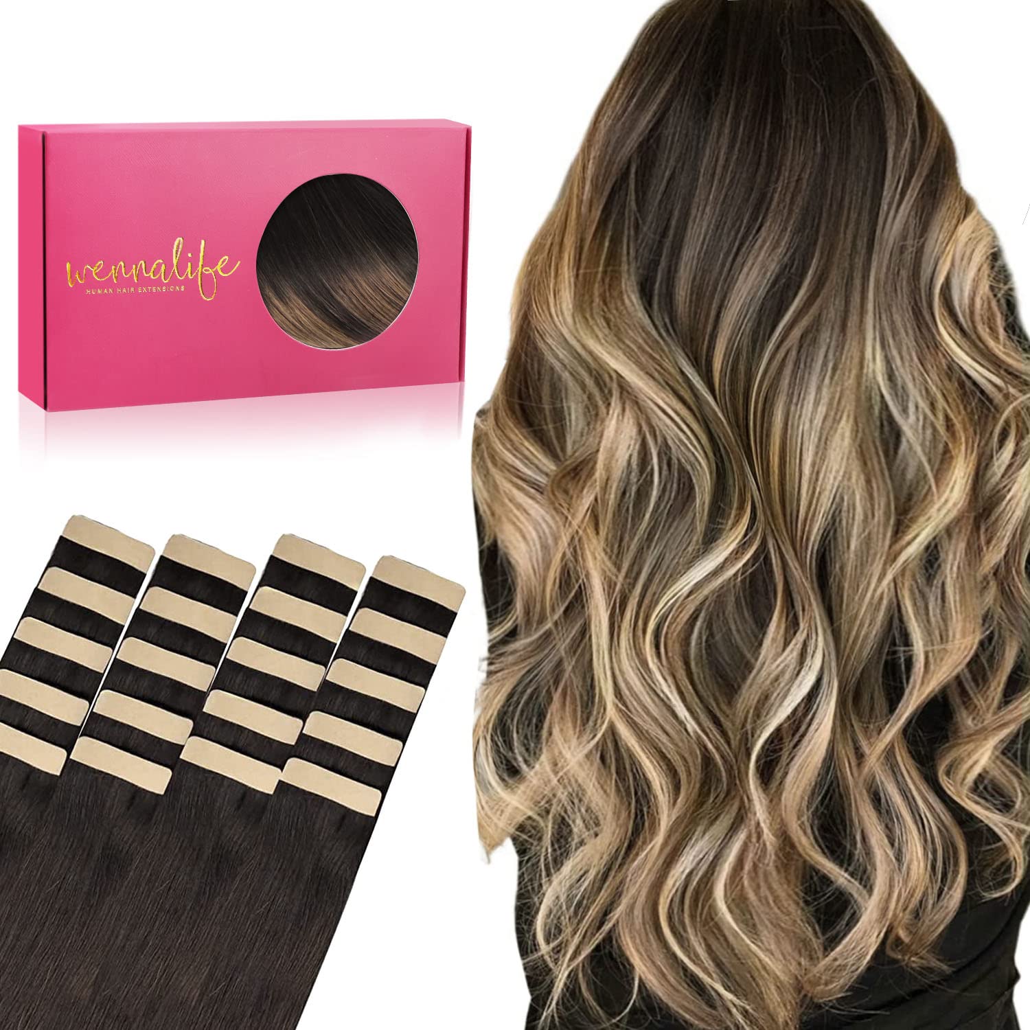 WENNALIFE Tape in Hair Extensions Human Hair, 20pcs 24 inch 50g Dark Brown to Chestnut Brown and Dirty Blonde Remy Tape Hair Extensions Real Human Hair Tape Extensions Coloured Hair Extensions — image 1