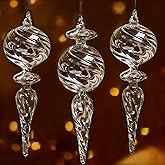 6PCS 9-Inch Hand-Blown Glass Finial Christmas Tree Hanging Ornaments – Extra Large Elegant Clear Glass Holiday Vintage Decorations – Luxury Handmade Seasonal Décor for Tree, Mantel, Party(Clear)
