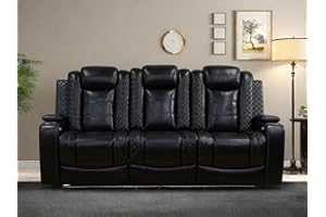 FONTOI Leather Recliner Sofa Couch, 3-Seater Home Theater Seating Reclining Sofa, Power Reclining Couch with Cup Holders & Drop Down Table for Living Room Furniture Sets, Black