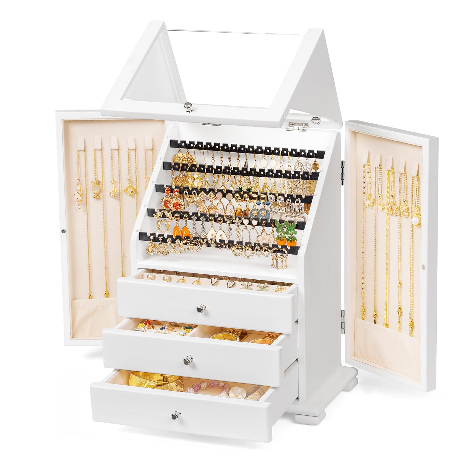 Photo 1 of Srillollar Jewelry Box Organizer, Rustic Wooden Jewelry Boxes for Women Girls, Large Storage Earring Holder Organizer Display for Earrings Necklaces Rings Bracelets (White)