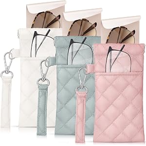 Treela 3 Pack Double Quilted Eyeglasses Pouch with Handle White Green Pink | Dual Soft Sunglass Case with Cleaning Cloth, Squ