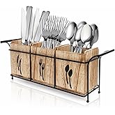 Tebery Wooden Utensil Holder for Party, Large Countertop Flatware Cutlery Caddy with Handle, 3 Detachable Compartment Silverw