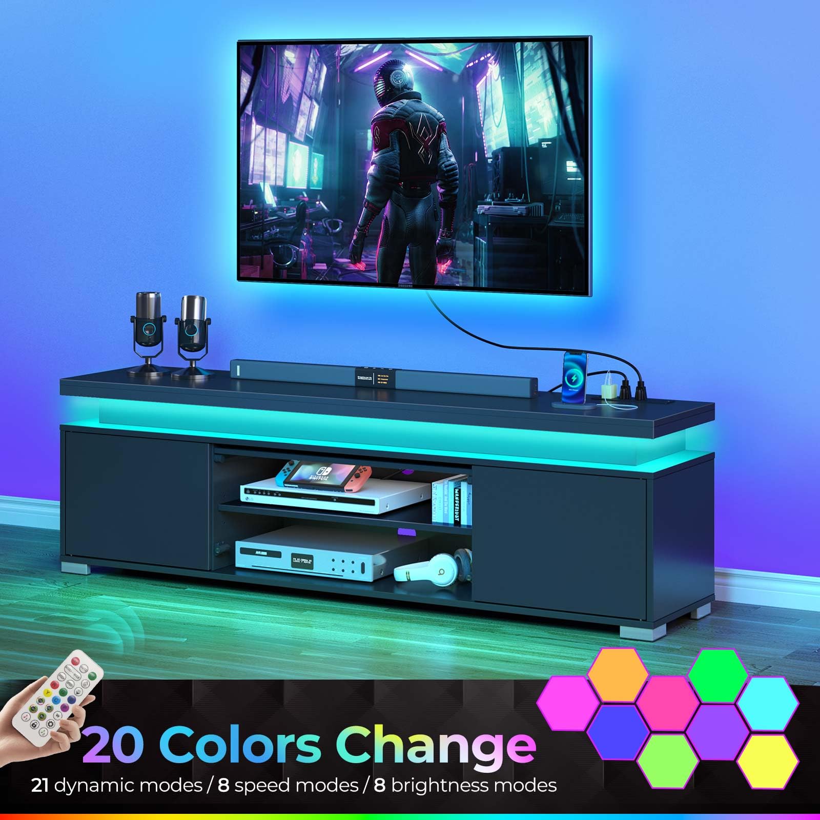 Rolanstar TV Stand with Power Outlet & LED Lights, Modern Entertainment Center for 32/43/50/55/65 Inchs TVs, TV Table, Universal Gaming LED TV Media Stand with Large Storage Cabinet, Black