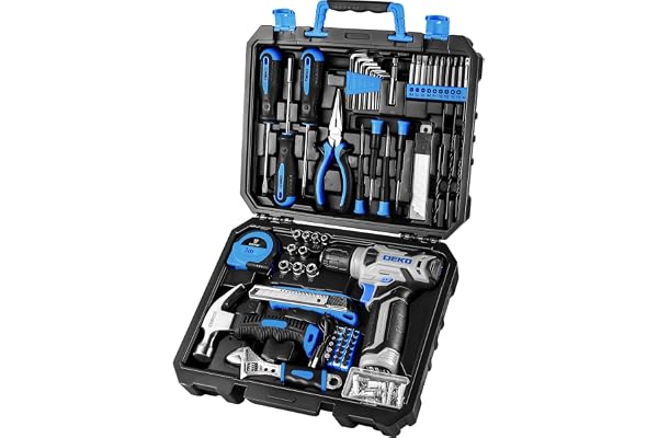 DEKOPRO Drill Set: Tool Set with 8V Blue Cordless Drill, Home Tool Kit with Drill, Hand Tool Kits for Women 126 Piece