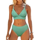 CUPSHE Women's Bikini Sets Two Piece Swimsuit Mid Rise Bathing Suits V Neck Crisscross Back Tie Textured