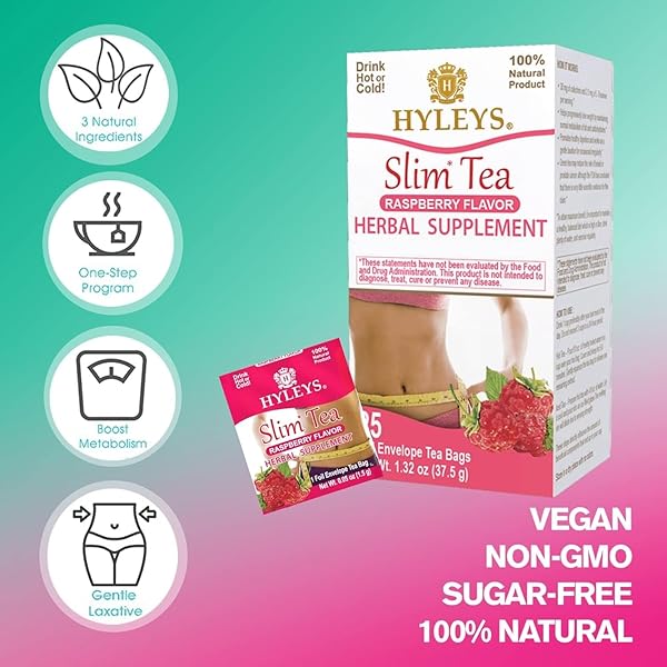 HYLEYS SLIM TEA RASPBERRY FLAVOR – WEIGHT LOSS HERBAL SUPPLEMENT CLEANSE AND DETOX – 25 TEA BAGS (1 PACK)