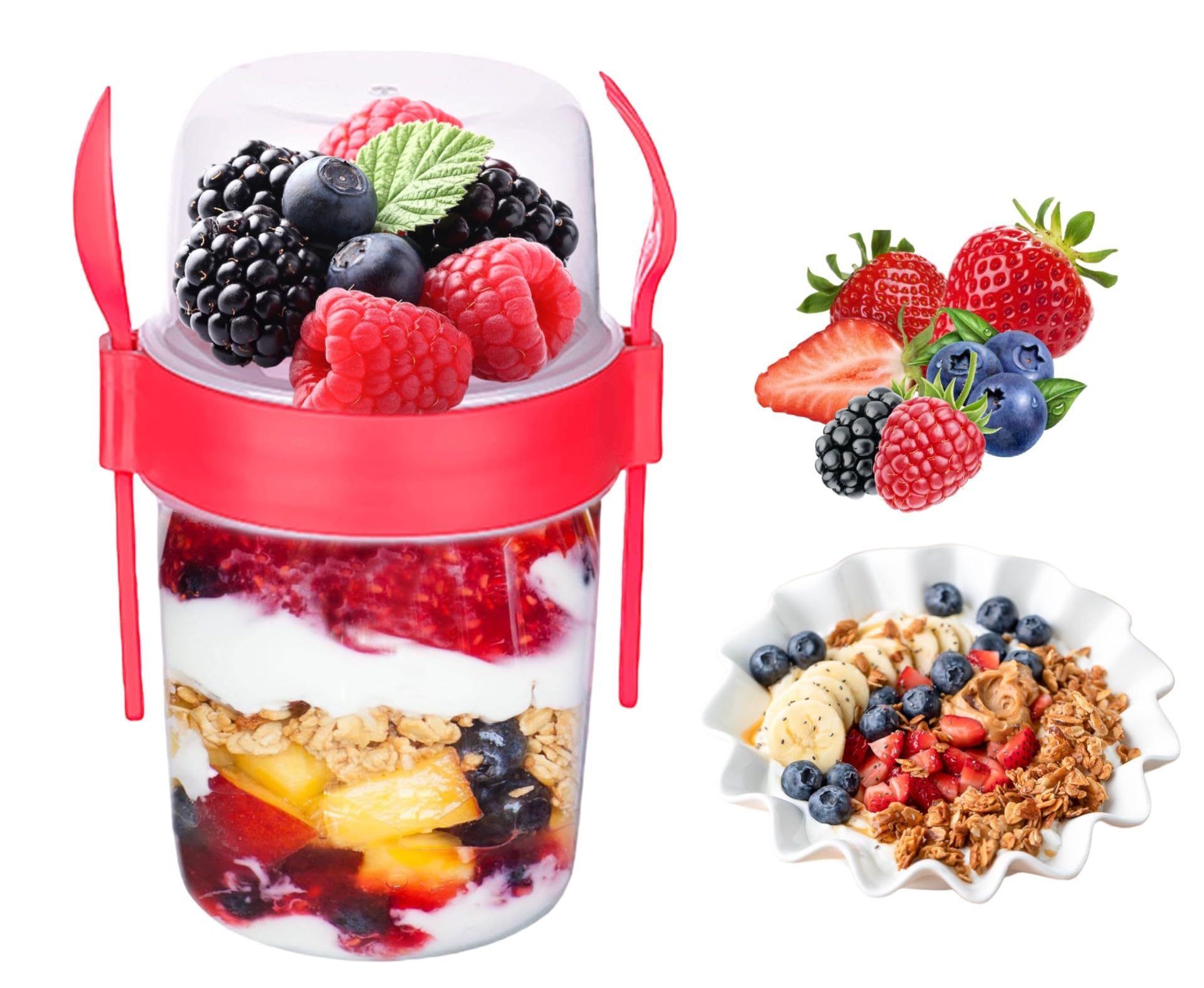 vingardium leviosa VL Yogurt Pots Reusable 800 & 1100ml Yoghurt Container with Spoon & Fork BPA free Breakfast Pots to GO Muesli Cereal On the Go Dishwasher Safe Lunch Box Oatmeal Jars (Red 1100 ML)