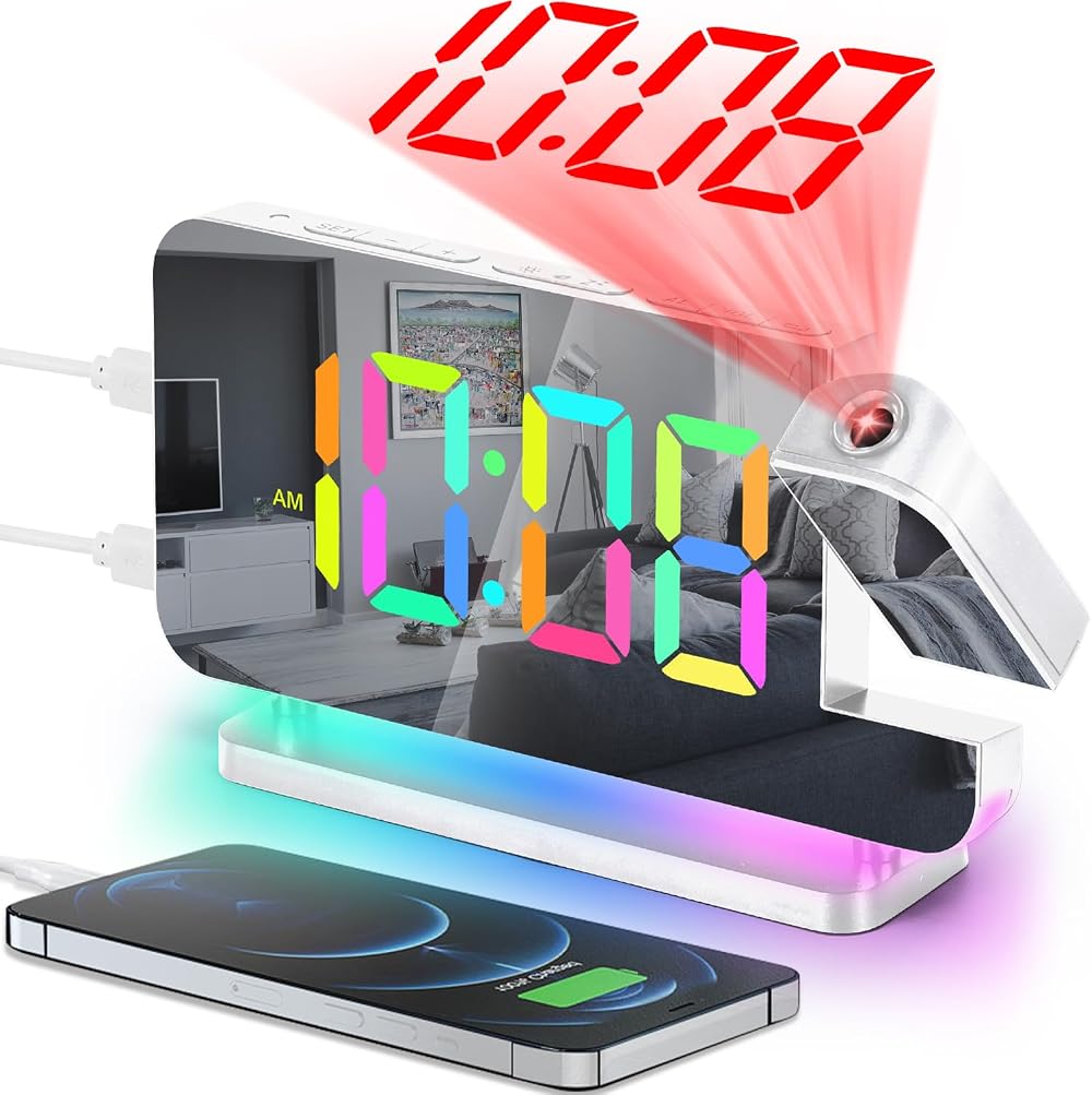 SZELAM Projection Alarm Clock 7.4 in Large LED Mirror Display USB C