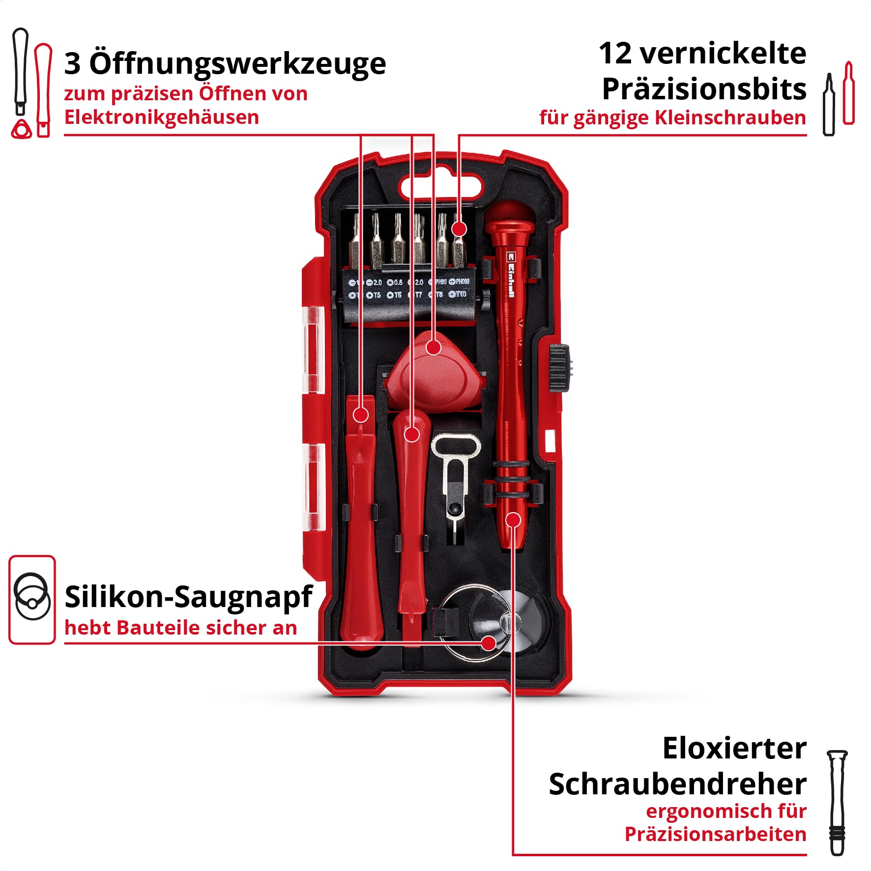 Original Einhell Smartphone-Reparaturset 18-tlg. (12 CR-V-Präzisionsbits, ergonomischer Schraubendreher, Öffnungswerkzeuge, Saugnapf, ideal für Elektrogeräte) 3