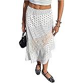 Verdusa Women's Polka Dots Skirt Lace Asymmetrical High Waist Elegant Midi Skirts