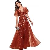 Ever-Pretty Women's Sequin Formal Dress Sparkly V-Neck Short Sleeve A-Line Floor Length Prom Evening Gown 0736