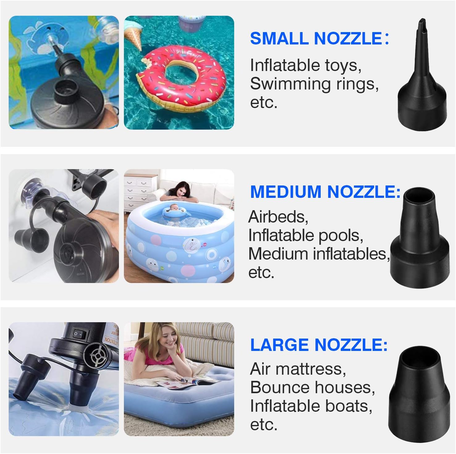 semai Electric Air Pump Portable Quick-Fill Air Pump for Inflatable Couch, Air Mattress, Swimming Ring, Inflatable Pool Toys, Powerful Electric Inflator/Deflator Air Pump with 3 Nozzles 110V AC: Sports & Outdoors