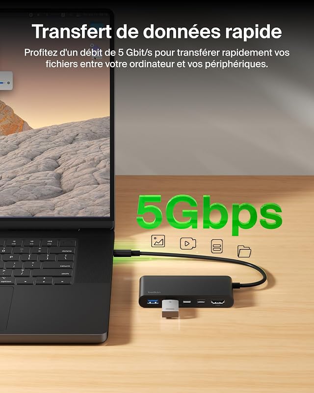 Hub USB-C Ports avec HDMI 4K à 60 Hz, Power Delivery 100 W, Transfert de Données 5 Gbit/s, pour MacBook, iPad Pro, Chromebook, Etc., HDMI 2.0 - Noir