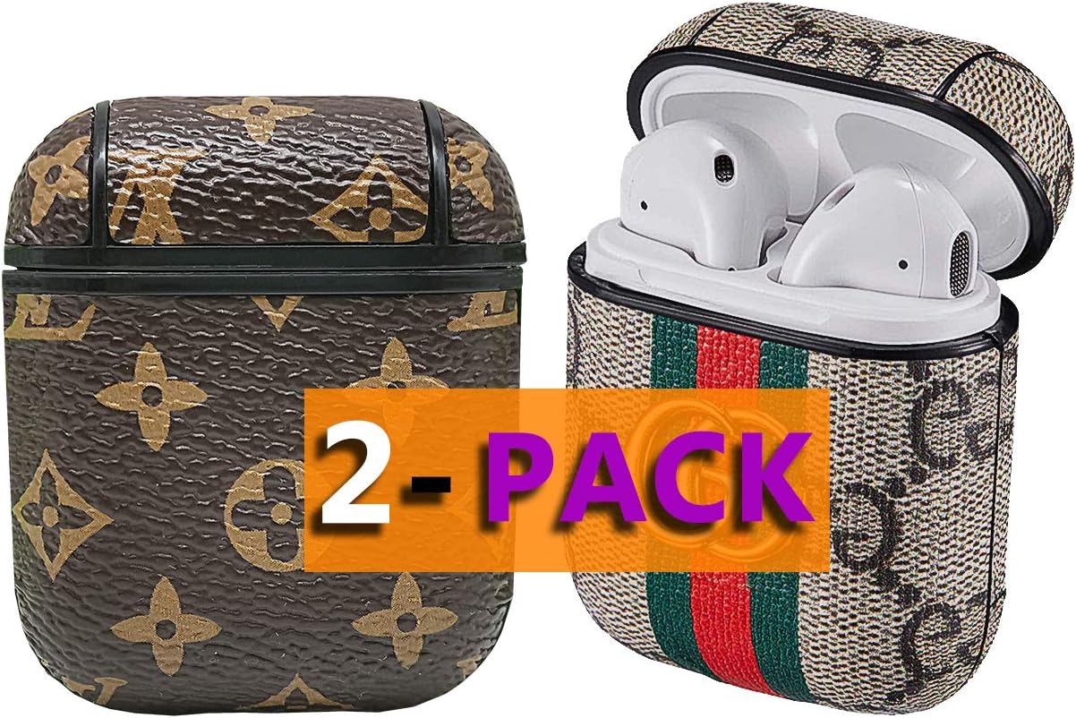 Airpods Case Compatiable with Airpods 1/2 Luxury Leather Airpods Case Cover with Metal Carabiner Fashion Classic Elegant Cute Designer Wireless Headset Case Protective Shockproof Airpods Case