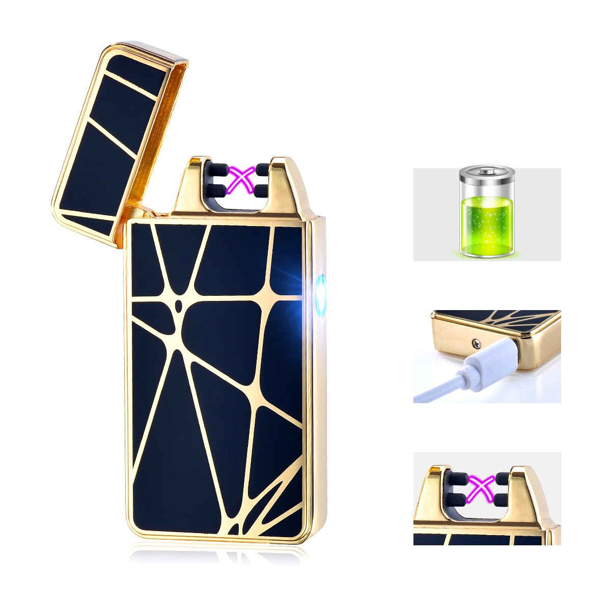 Accendino Arc elettrico antivento, ricaricabile con USB, senza fiamma, accendino per sigarette ricaricabile, ottimo regalo, senza gas, High-Gold